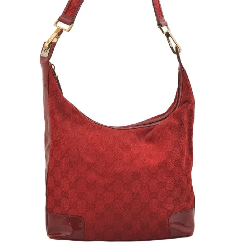 Women Gucci bags with a chain - link trim and a leather bodyAuthentic GUCCI Shoulder Hand Bag Purse GG Canvas Enamel 0014204 Red 3997K