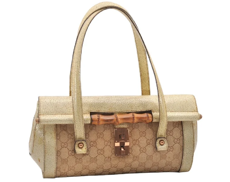 Gucci Marmont bags for women with quilted leather exteriorsAuthentic GUCCI Bamboo Hand Shoulder Bag GG Canvas Leather 111713 Beige 3909K