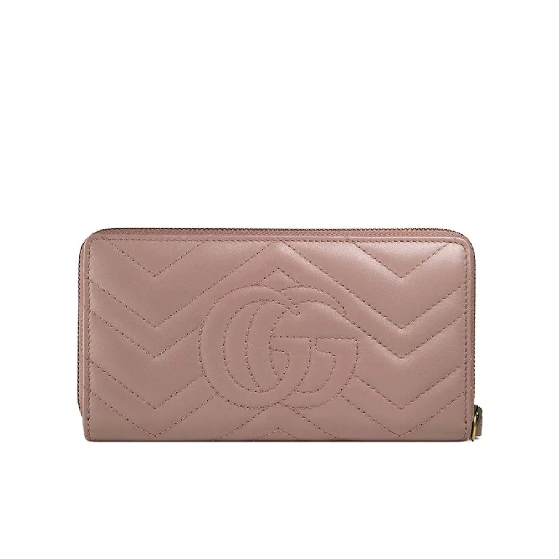 Women Gucci bags with a zip - around closure for securityGucci Women's Wallet Marmort Pink Calf-Skin Leather Quilted Wallet 443123