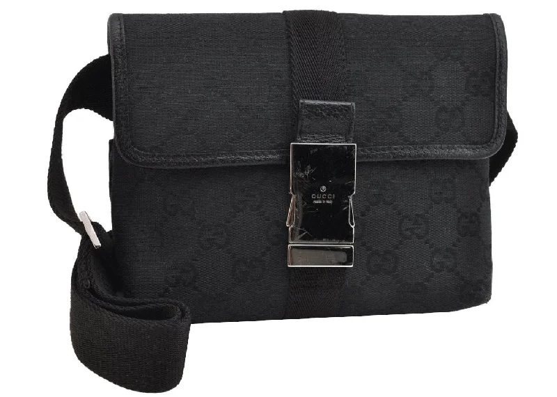 Women Gucci bags with interlocking G hardware for a classic lookAuthentic GUCCI Waist Body Bag Purse GG Canvas Leather 131236 Black 9018J