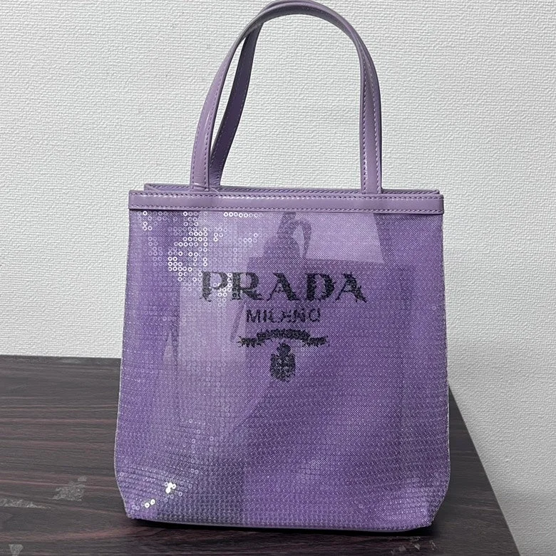 Prada bags with a front - zip pocket for small items like cards and keysPrada Small Sequined Mesh Tote Bag With Pouch