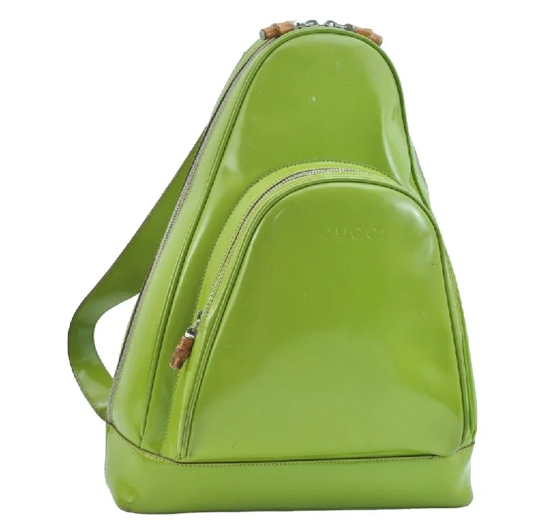 Gucci tote bags for women with a double - handle designAuthentic GUCCI Bamboo ShoulderBag Enamel Green Junk K9566