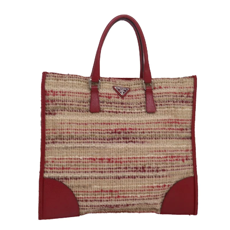 Ladies Prada shoulder bags with a tassel - adorned zipper for added charmPRADA Hand Bag Wool Beige Red Auth ar12196