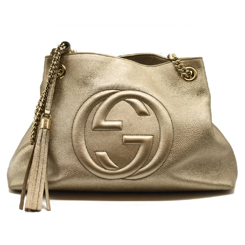 Gucci backpacks for women with a padded laptop compartmentGucci Metallic Pebbled Calfskin Medium Soho Chain Shoulder Bag Golden Beige