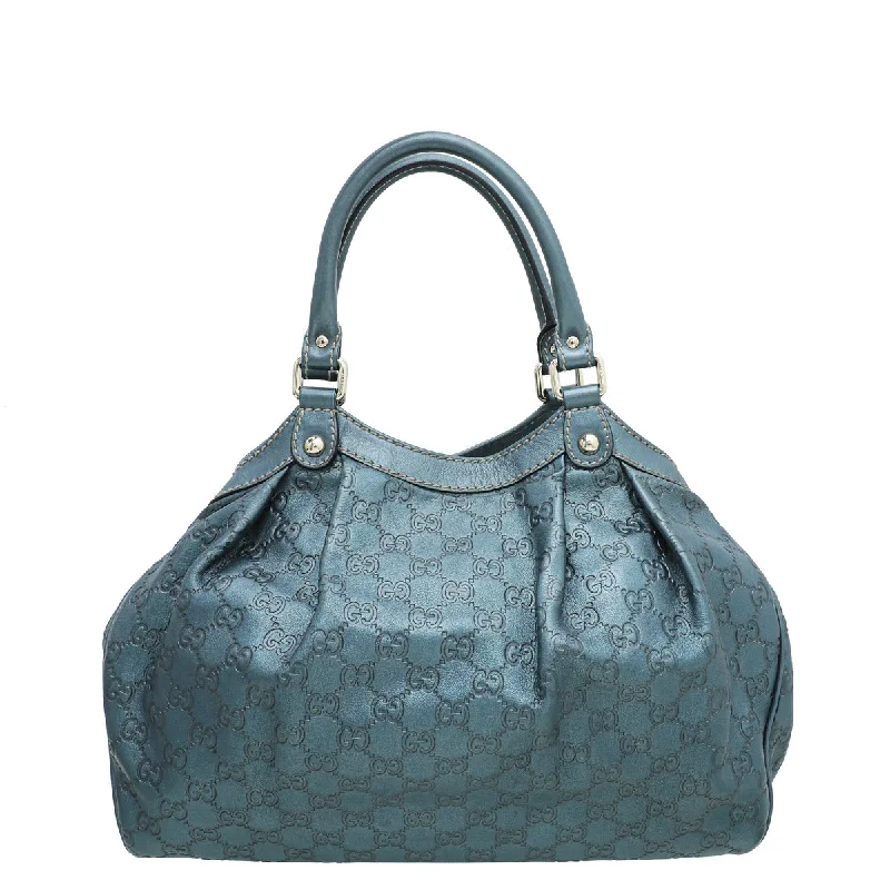 Women Gucci bags with a detachable mobile phone holderGucci Metallic Slate Blue Guccissima Sukey Tote Medium Bag