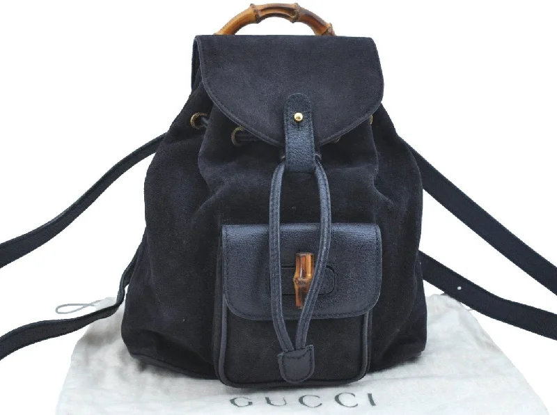 Women Gucci bags with a magnetic snap closure for easy accessAuthentic GUCCI Bamboo Backpack Suede Leather White Navy K9637