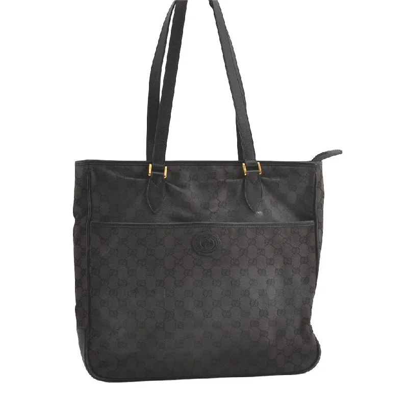 Gucci backpacks for women with a sleek silhouetteAuthentic GUCCI Vintage Shoulder Tote Bag GG Canvas Leather Black 9154J