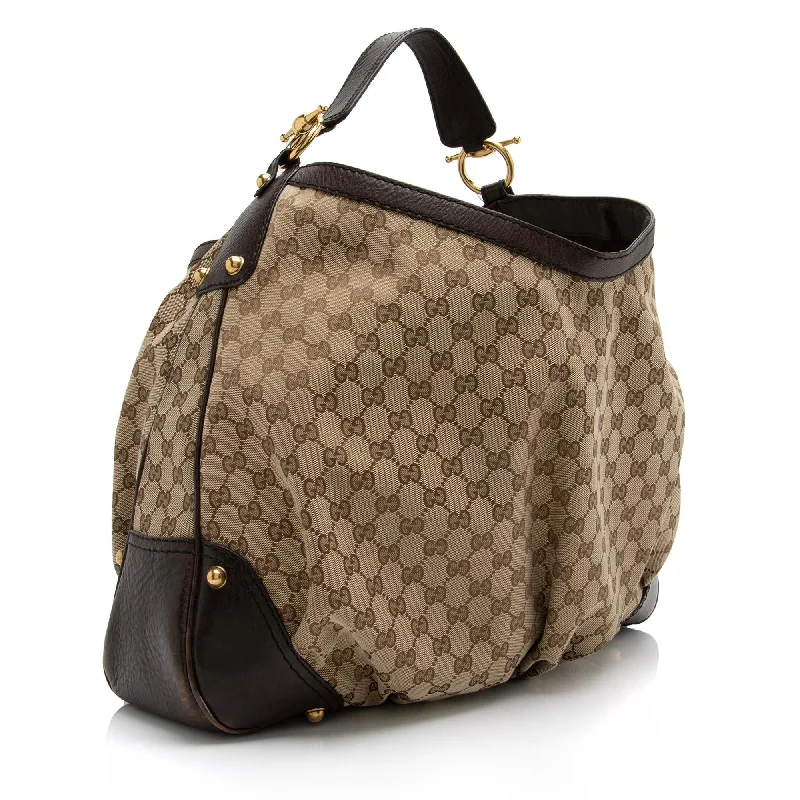 Ladies Gucci handbags with a detachable coin purse insideGucci GG Canvas Jockey Large Hobo (SHF-23522)