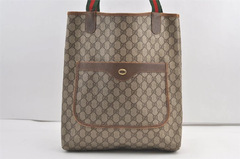 Ladies Gucci Dionysus bags with a chain - link shoulder strapAuthentic GUCCI Web Sherry Line Shoulder Tote Bag GG PVC Leather Brown 9162J