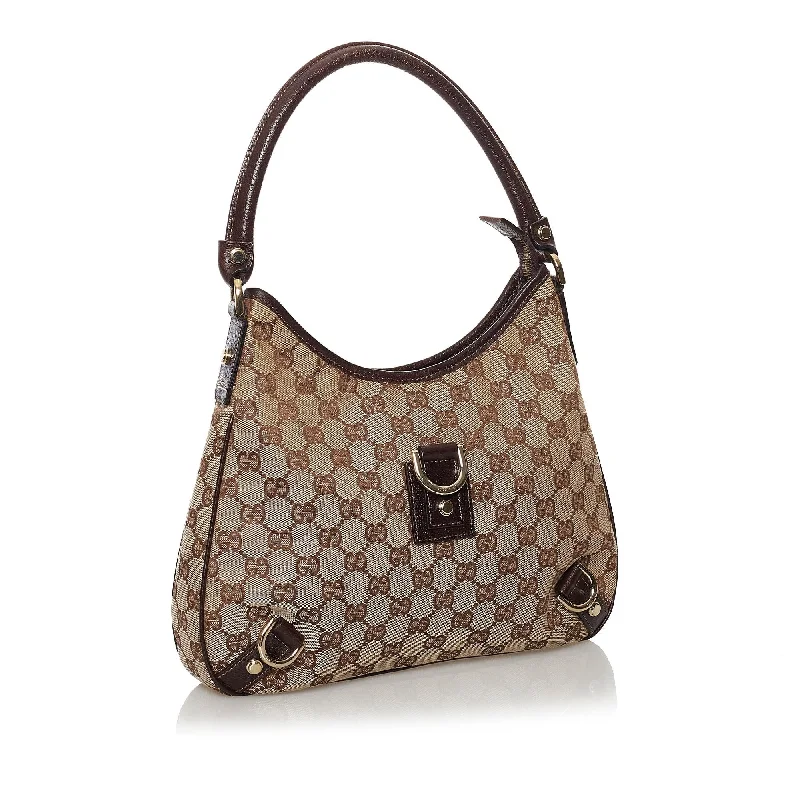 Women Gucci bags with a front - zip pocket for small itemsGucci GG Canvas Abbey D-Ring Shoulder Bag (34720)