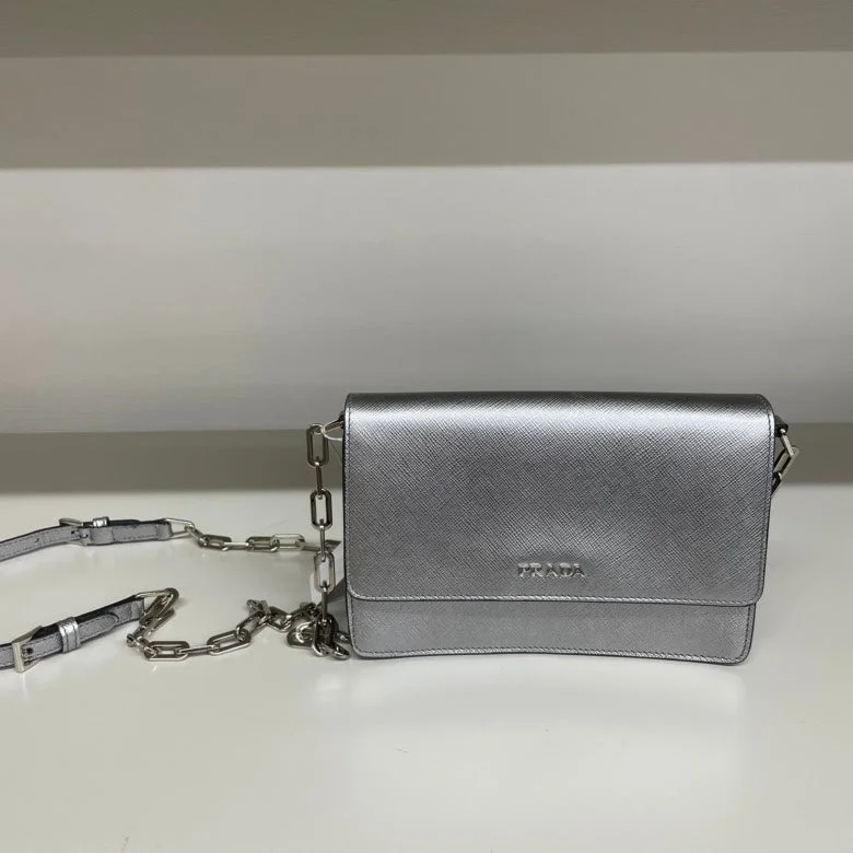 Prada bags with a back - zip pocket for storing valuables securelyPrada Saffiano Leather Crossbody Bag,Silver