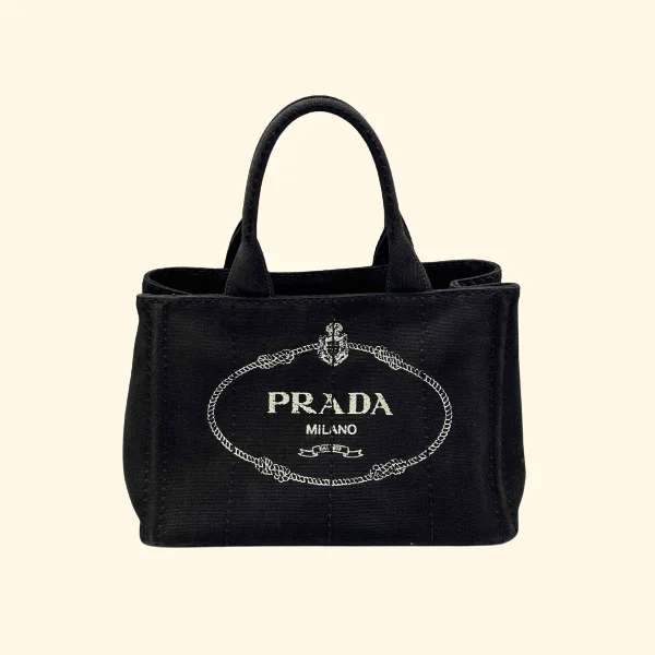 Prada tote bags with a printed Prada logo on the front for brand visibilityPrada Canapa Black Canvas Tote Bag