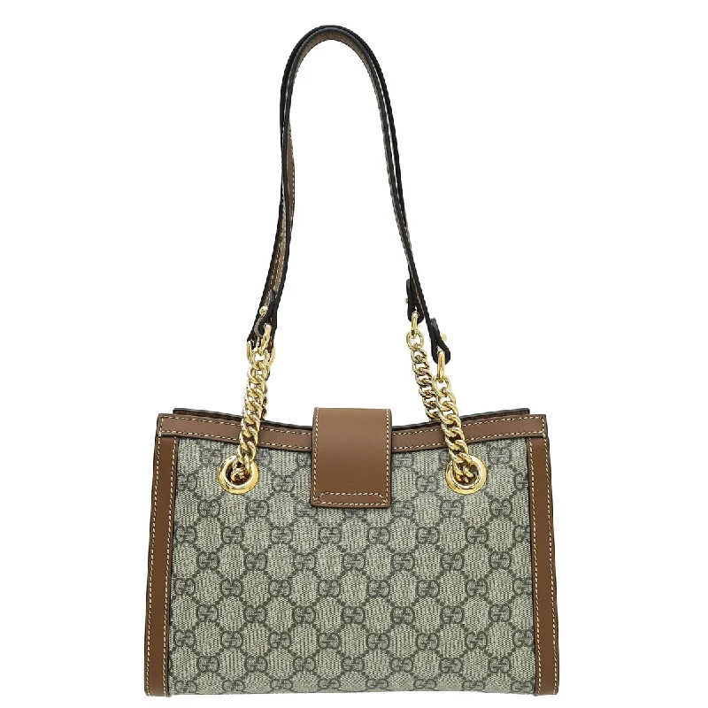 Women Gucci bags with a front - zip pocket for small itemsGucci Bicolor GG Supreme Padlock Small Tote Bag