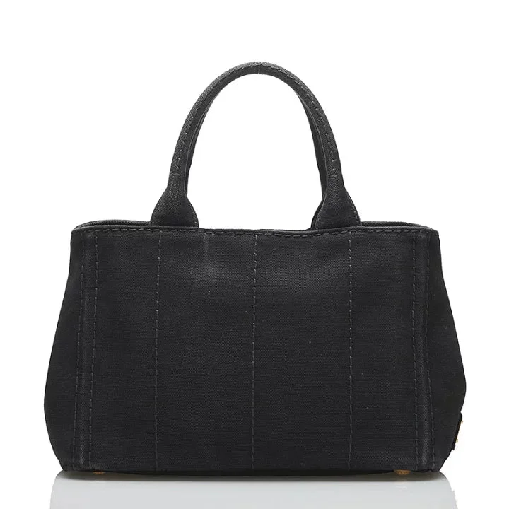 Prada Cleo bags with a curved shape and a chain - link shoulder strapPrada Canapa Black Canvas Tote Bag