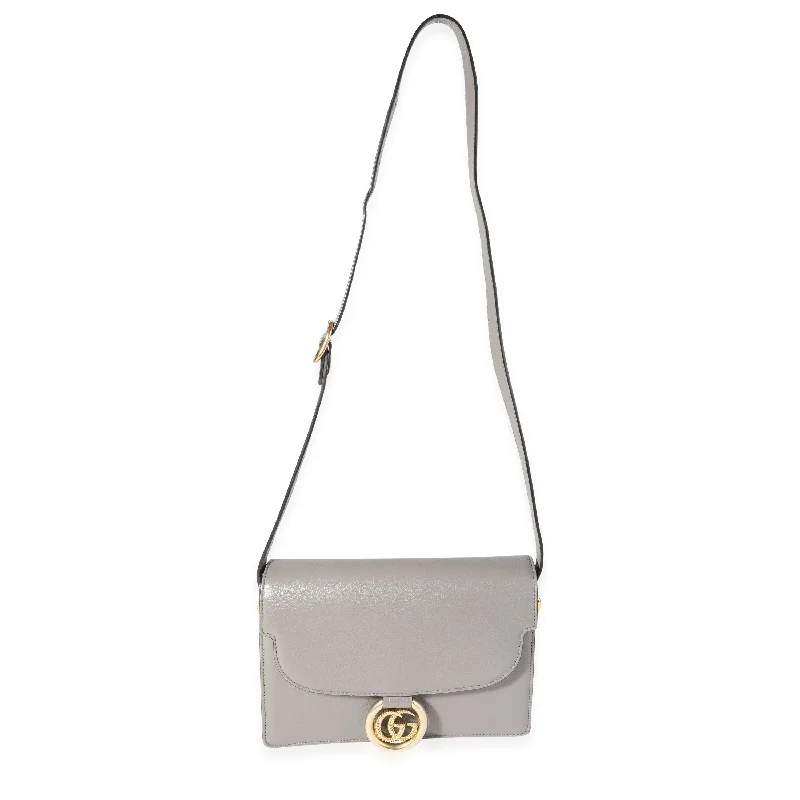 Women Gucci Sylvie bags featuring the signature web stripeGUCCI Gray Leather GG Ring Shoulder Bag