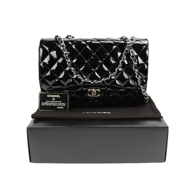 Chanel Black Handbag for Business MeetingsSALE Chanel Classic Single Flap Jumbo Black Patent Leather Silver