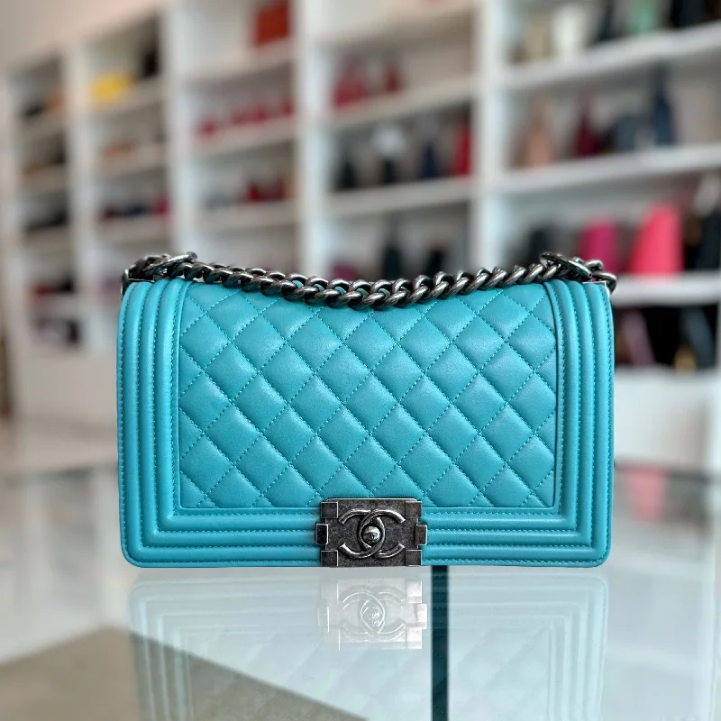 Chanel All - Match Handbag for Versatile StylingBoy Old Medium 25cm Lambskin Tiffany Baby Blue No 19