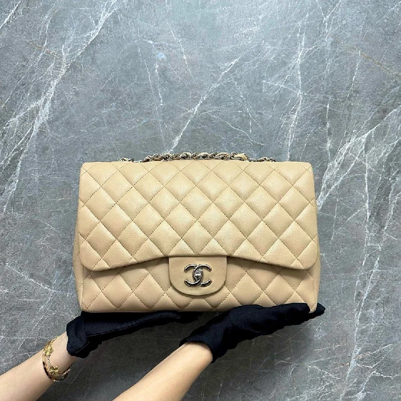 Chanel Handbag with Adjustable Strap for ComfortJumbo Classic Flap Single Flap Beige Lambskin No 13