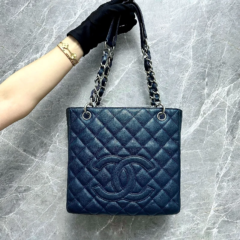 Chanel Classic Flap Bag for Evening PartyPST Petite Shopping Tote Dark Blue Caviar SHW No 13