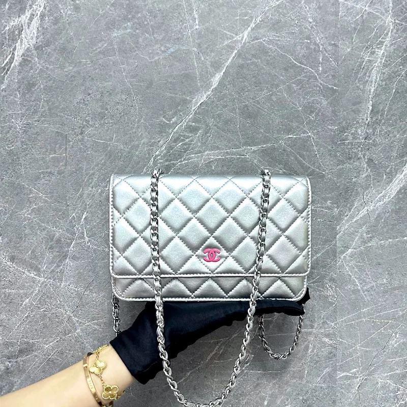 Chanel Luxury Handbag for High - End EventsWOC Wallet On Chain Metallic Silver Lambskin No 16