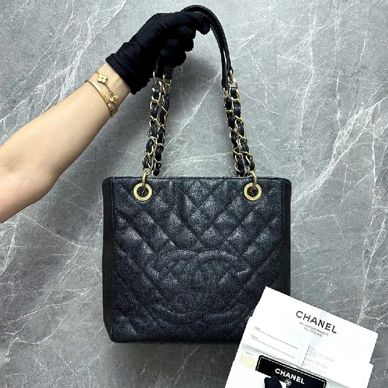 Chanel Chain Strap Handbag for Everyday Use*Full Set Receipt* PST Petite Shopping Tote Black Caviar GHW No 15