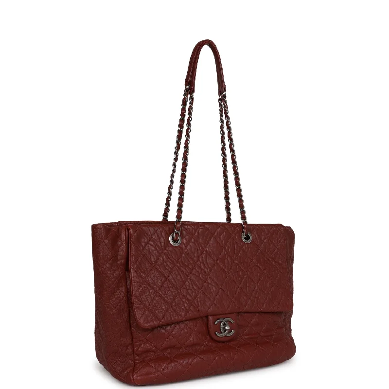 Chanel Handbag with Adjustable Strap for ComfortChanel Large Duo Tote Bag Burgundy Calfskin Ruthenium Hardware