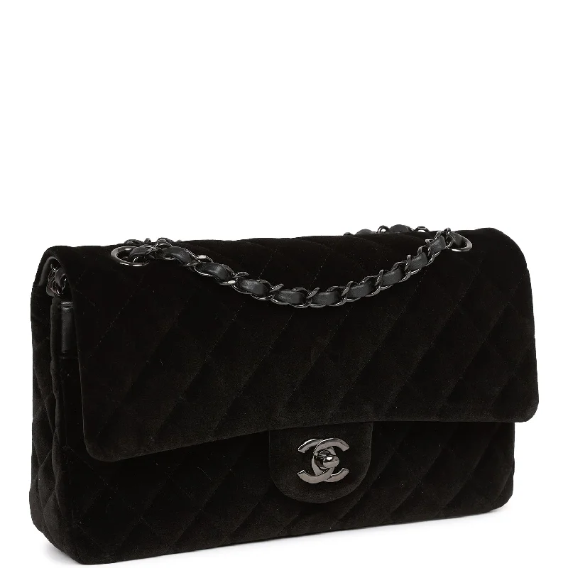 Chanel Handbag with Adjustable Strap for ComfortChanel Medium Classic Double Flap Bag Black Velvet Ruthenium Hardware