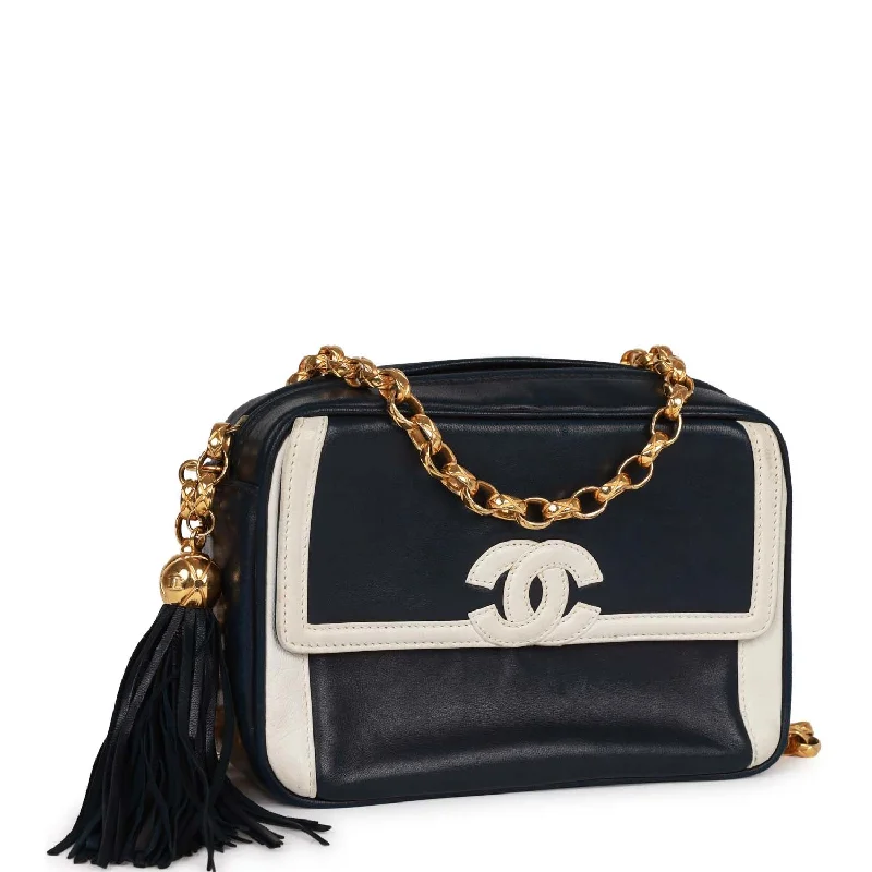 Chanel Handbag with Adjustable Strap for ComfortVintage Chanel Fringe Chain Camera Bag Navy and White Lambskin Gold Hardware