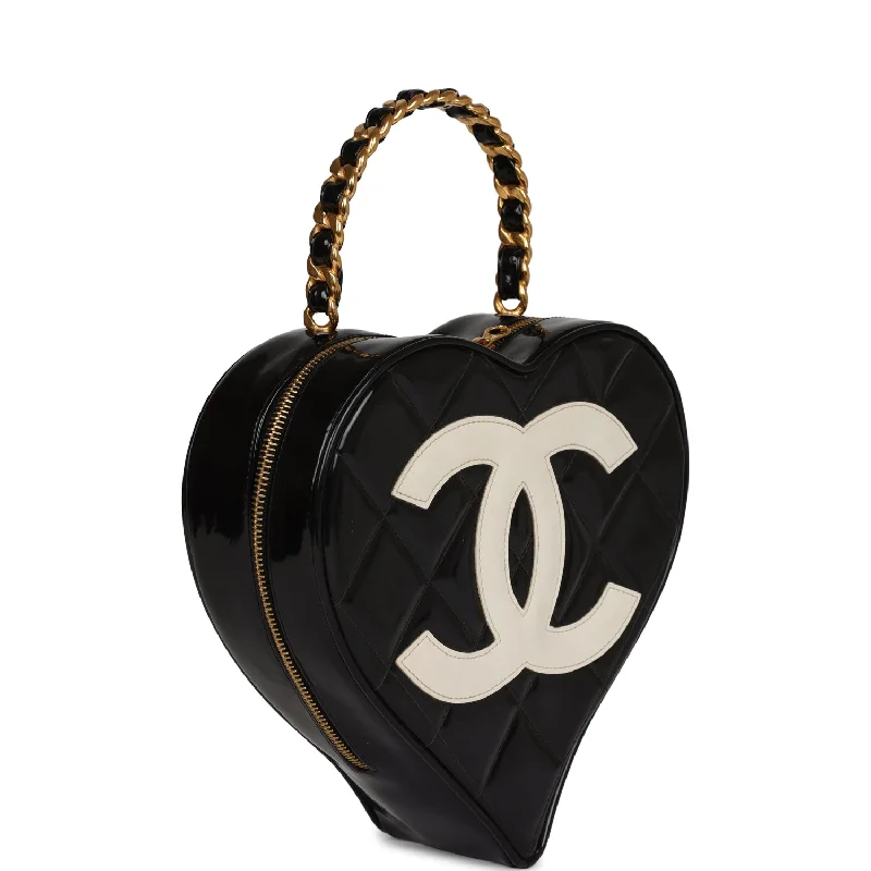 Chanel Designer Handbag with Unique DesignVintage Chanel Heart Vanity Bag Black and White Patent Antique Gold Hardware