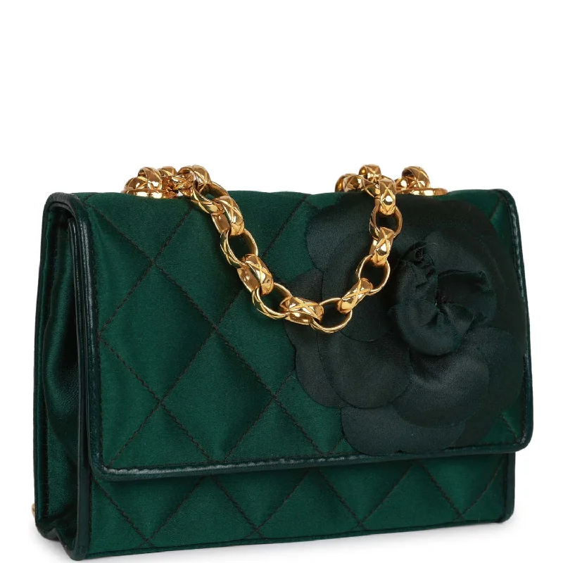 Chanel Classic Flap Bag for Evening PartyVintage Chanel Mini Camellia Flap Bag Green Satin Gold Hardware