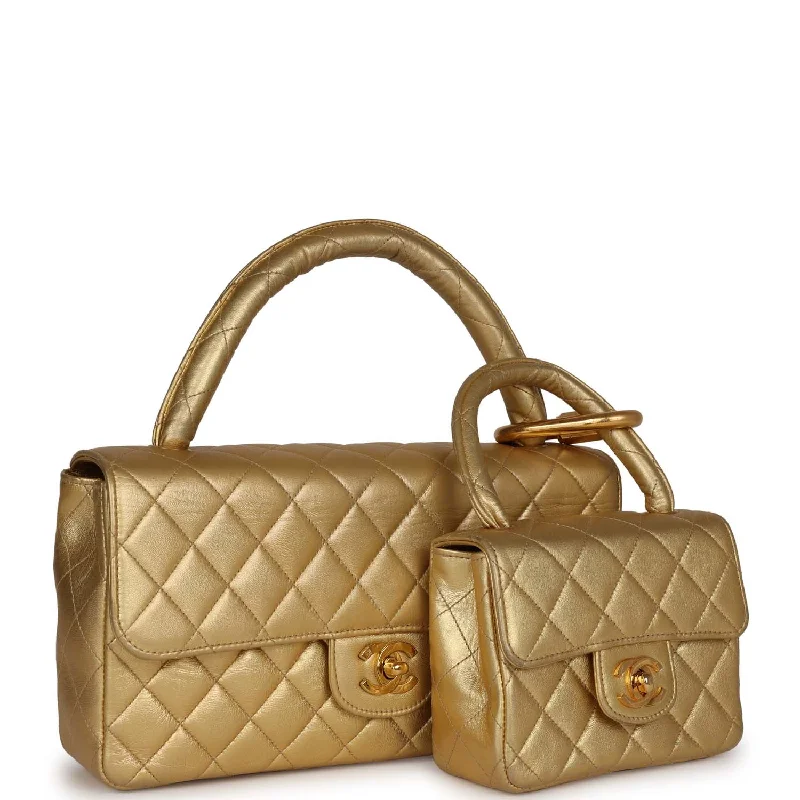 Chanel Luxury Handbag for High - End EventsVintage Chanel Kelly Parent and Child Flap Bag Set Gold Metallic Lambskin Gold Hardware