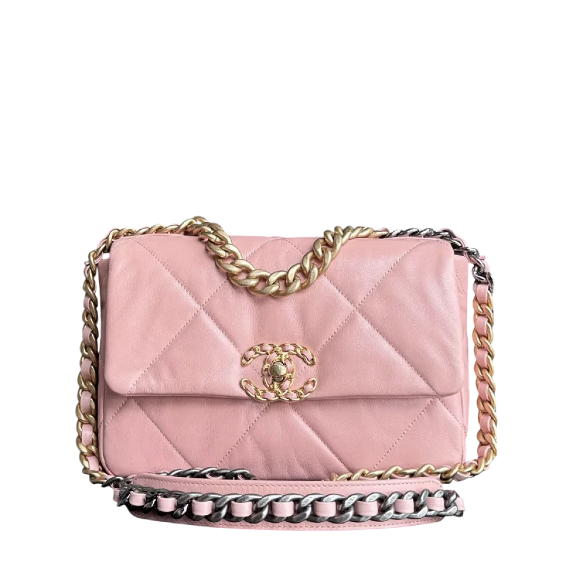 Chanel Handbag with Adjustable Strap for ComfortChanel 19 Bag Small - C19 Sakura Pink Quilted Goatskin Two-tone Hardware Series 29