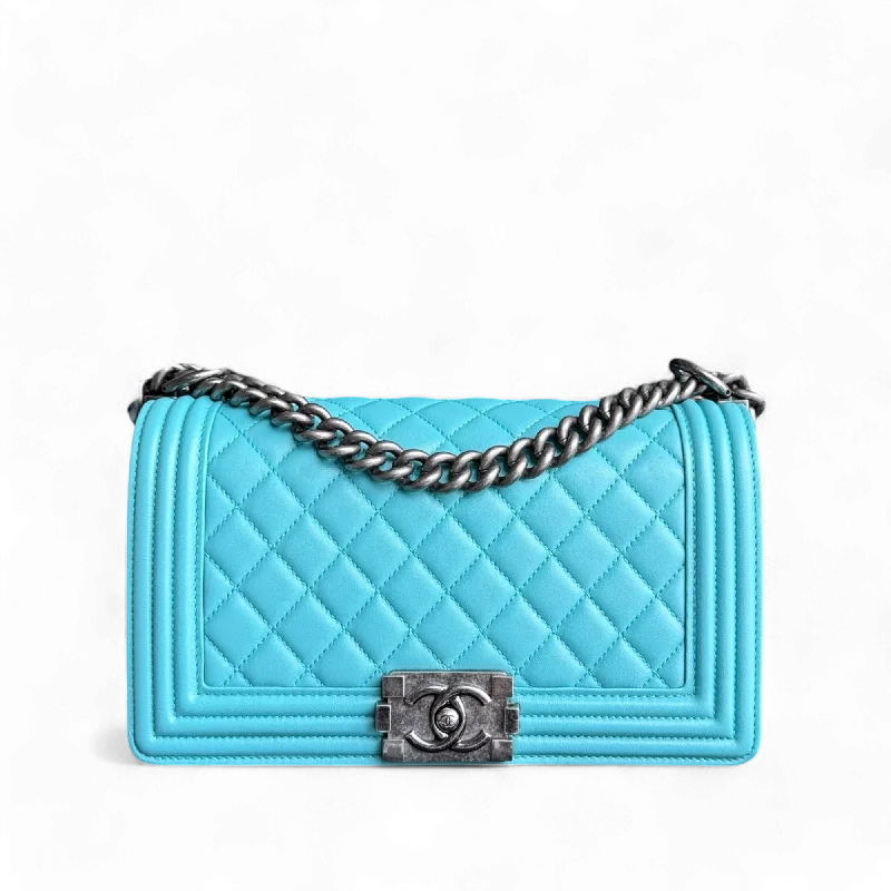 Chanel Small Crossbody Bag for TravelChanel Boy Medium - 25CM Quilted Lambskin Cyan Blue Ruthenium Silver Hardware Series 19