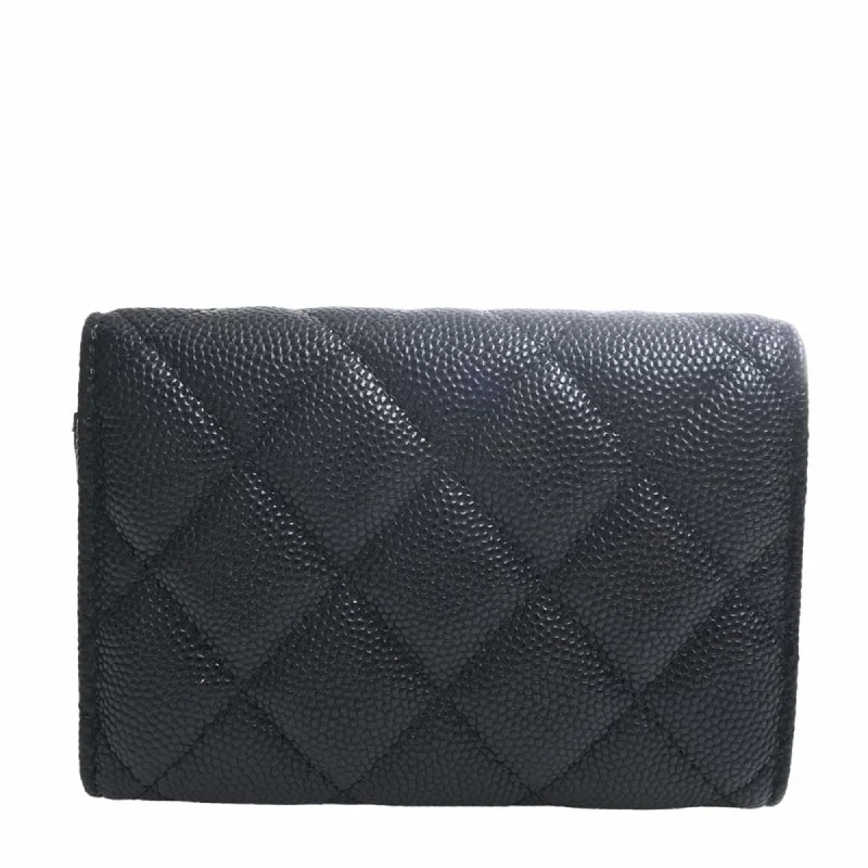 Chanel Quilted Leather Shoulder Bag for FashionistasCHANEL Caviar Skin Matelasse Coco Mark Trifold Wallet Black Ladies