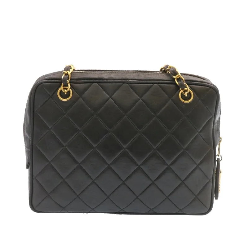 Chanel Designer Handbag with Unique DesignCHANEL Lamb Skin Matelasse Chain Shoulder Bag Black Gold CC Auth 26128A